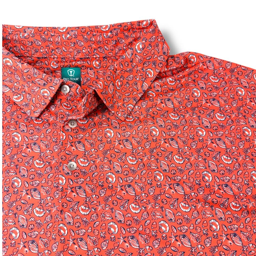 Pro Tour Coolplay Golf Polo 3XLT Big & Tall Seashell Print Coral NWT UPF‎ 50
